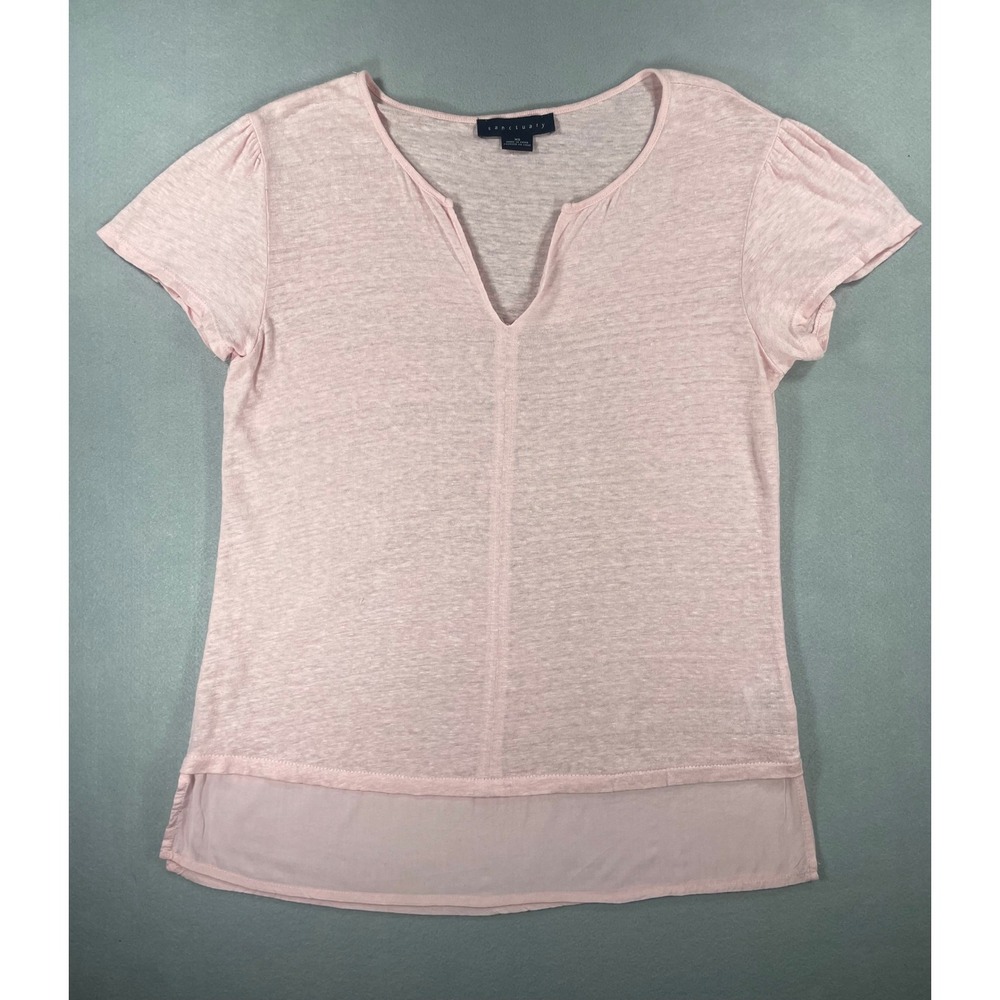Sanctuary‎ Top Womens XS Pink Linen Split Neck Short Sleeve